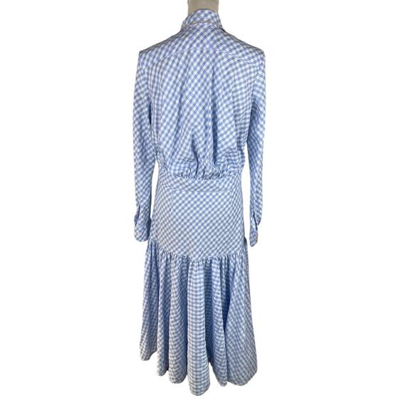 Tish Cox Checked Blue White Print Cotton Midi Shirt Dress Drop Waist Size Large - Picture 3 of 9